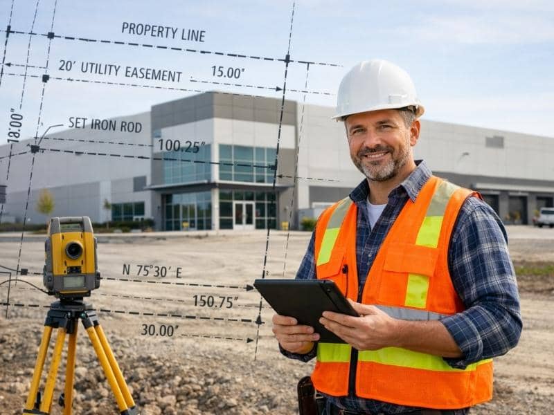 Land surveyor reviewing a commercial property site with boundary lines and easement details for an ALTA survey