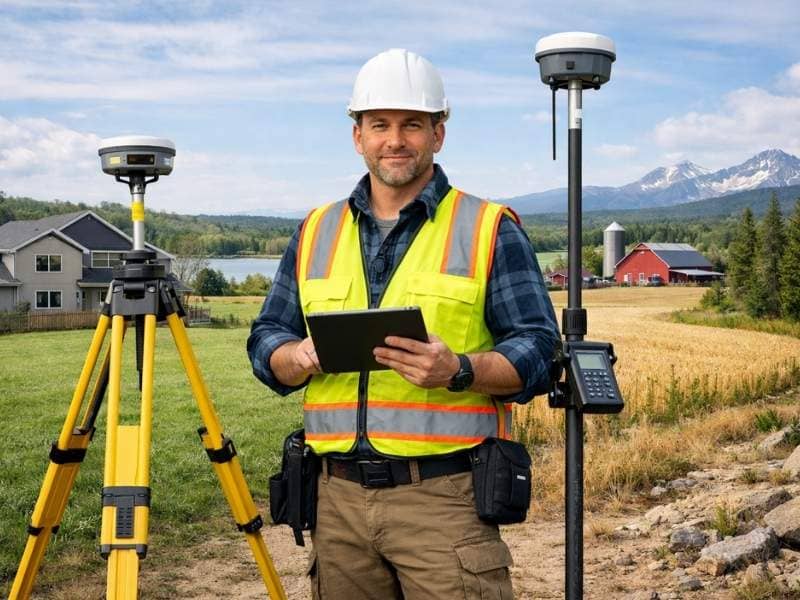 Professional land surveyor using GPS equipment to map residential and development land for different types of land surveys