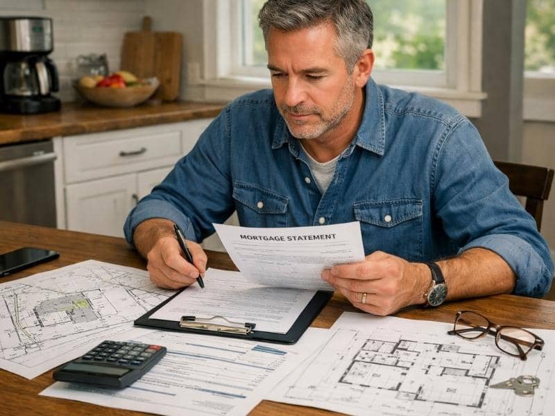 Homeowner reviewing refinance paperwork with a property survey and home documents at the kitchen table
