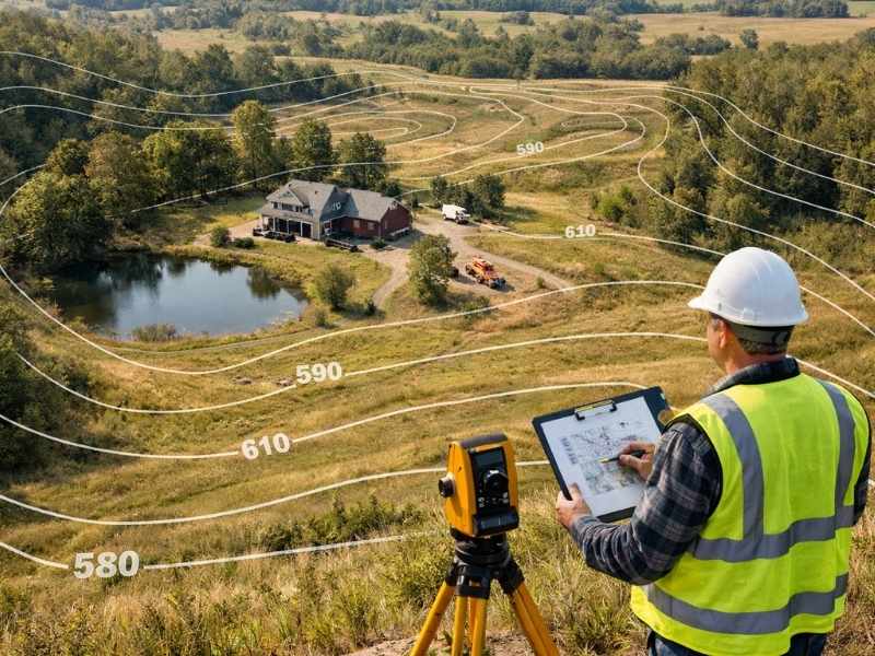 Surveyor reviewing a topographic survey with contour lines and land elevation data before site development